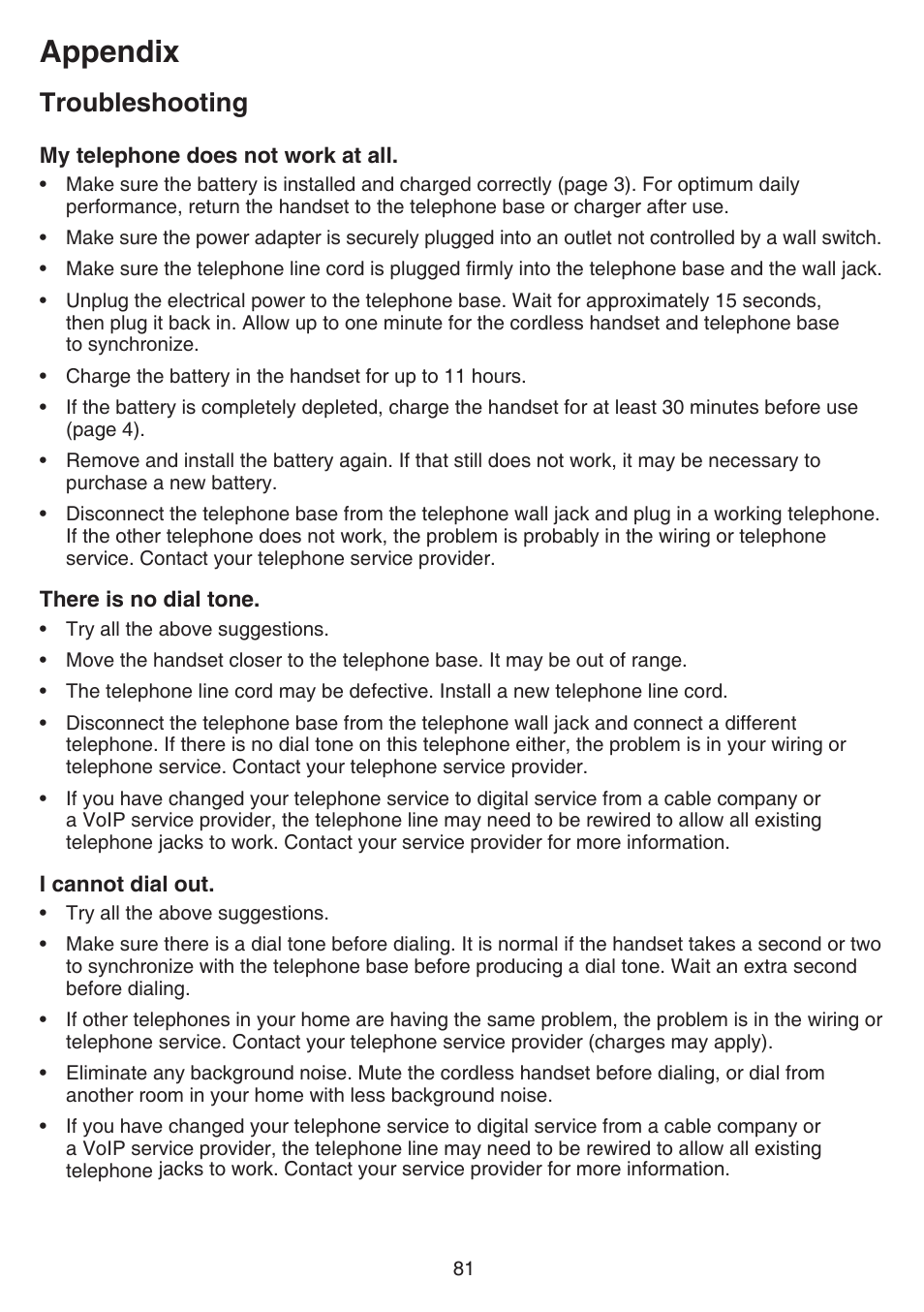 Appendix, Troubleshooting | VTech DS6751_-2-3 Manual User Manual | Page 85 / 103