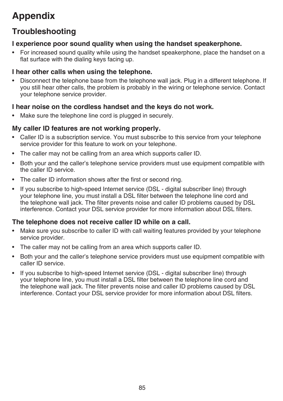 Appendix, Troubleshooting | VTech DS6751_-2-3 Manual User Manual | Page 89 / 103