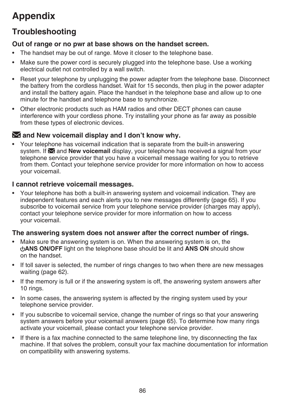 Appendix, Troubleshooting | VTech DS6751_-2-3 Manual User Manual | Page 90 / 103