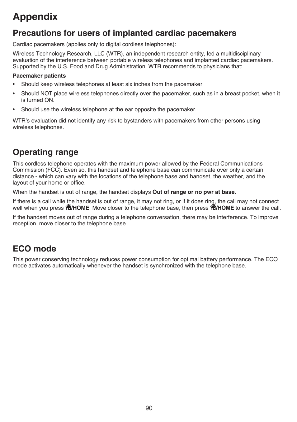 Operating range, Eco mode, Precautions for users of implanted | Cardiac pacemakers operating range eco mode, Appendix | VTech DS6751_-2-3 Manual User Manual | Page 94 / 103