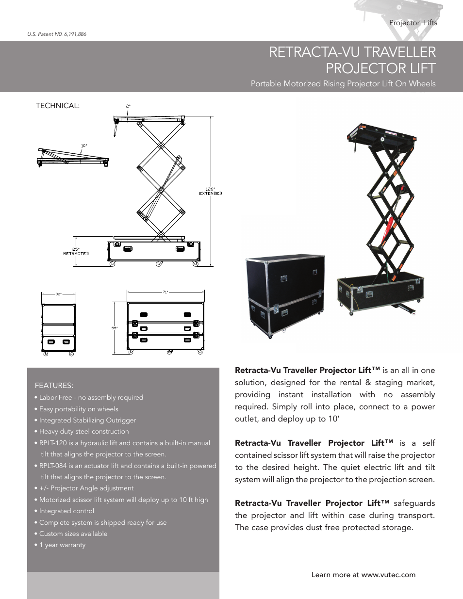 Vutec RETRACTA-VU TRAVELLER PROJECTOR LIFT - Product Sheet User Manual | 1 page