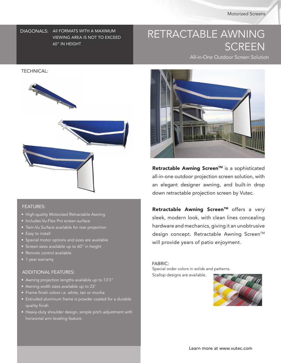 Vutec RETRACTABLE AWNING SCREEN - Product Sheet User Manual | 1 page