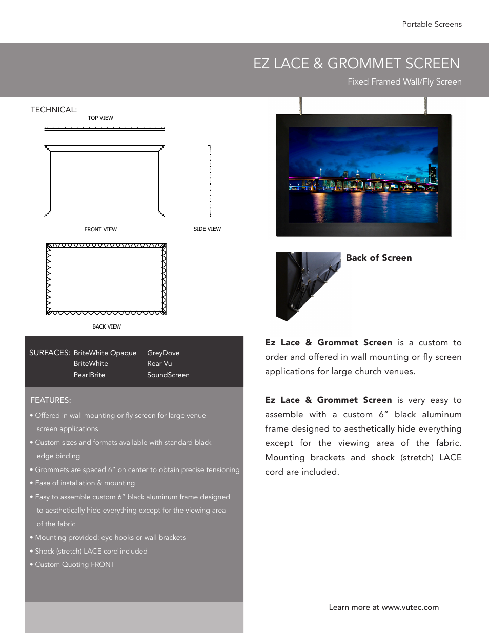Vutec EZ LACE & GROMMET SCREEN - Product Sheet User Manual | 1 page