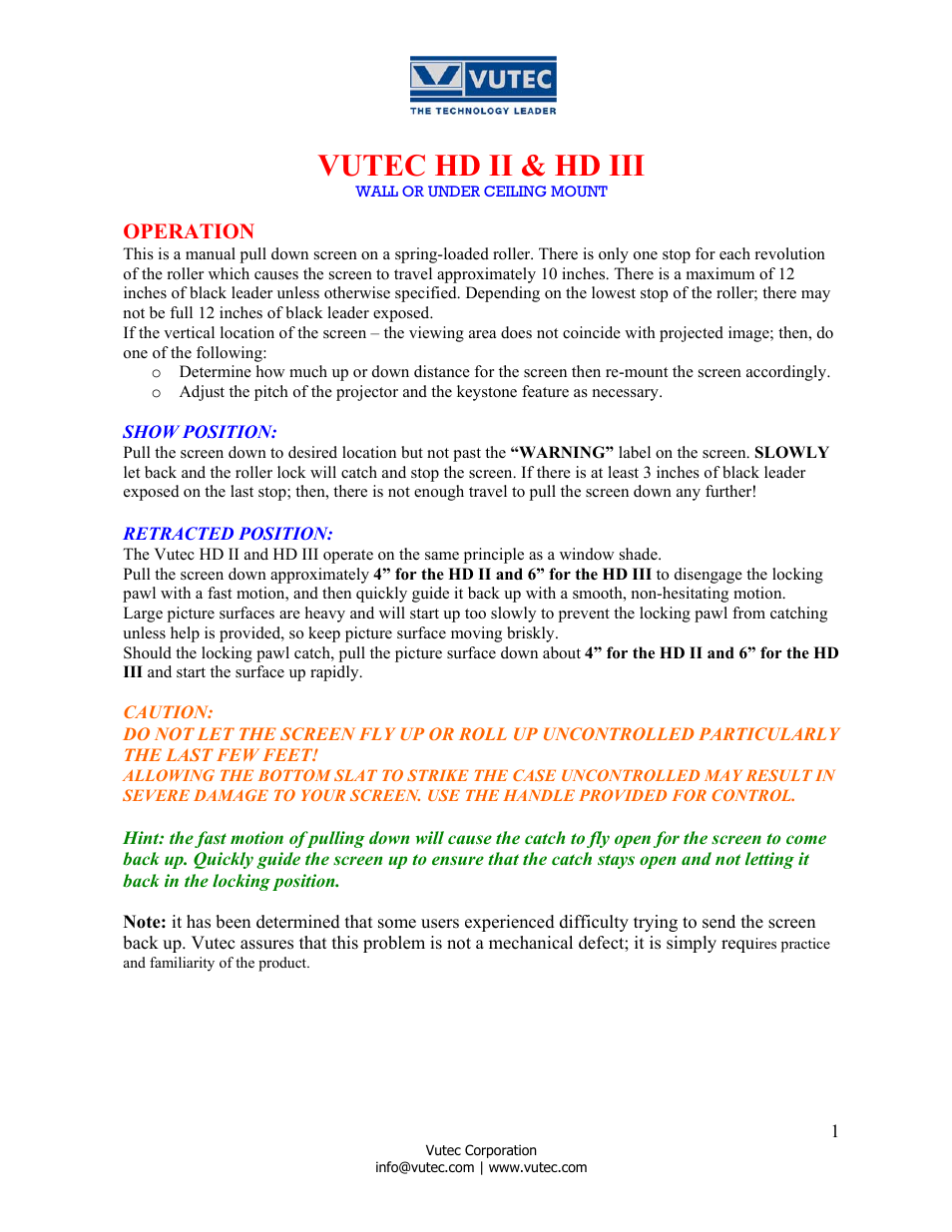 Vutec HD III - Operation Instructions User Manual | 1 page