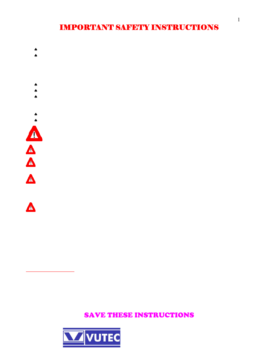 Important safety instructions, Save these instructions | Vutec LECTRIC II - Installation Instructions User Manual | Page 2 / 12