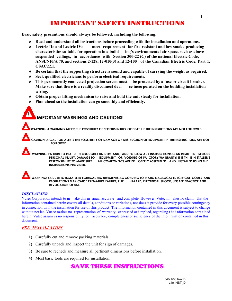 Important safety instructions, Save these instructions | Vutec LECTRIC IV - Installation Instructions User Manual | Page 2 / 12