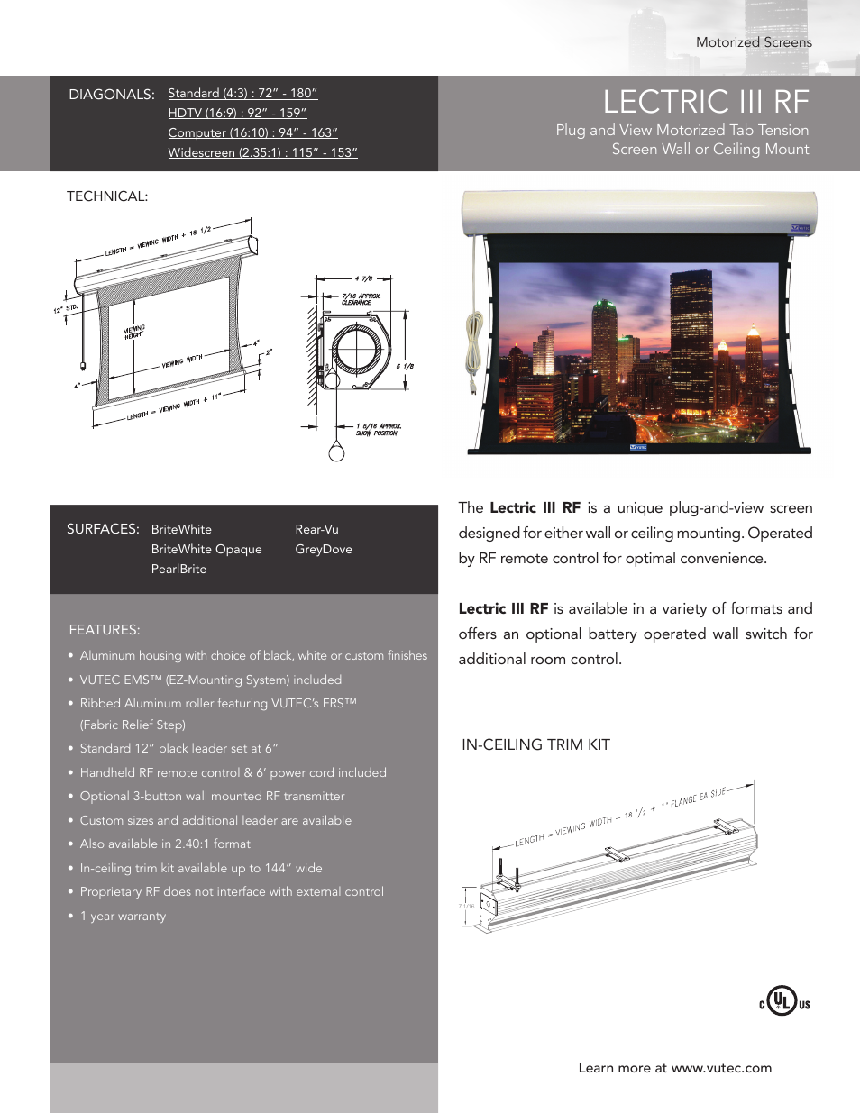 Vutec LECTRIC III RF - Product Sheet User Manual | 1 page