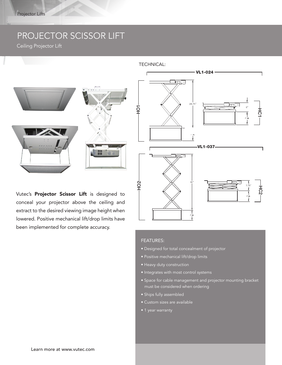 Vutec PROJECTOR SCISSOR LIFT - Product Sheet User Manual | 1 page