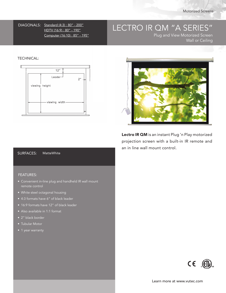 Vutec LECTRO IR QM “A SERIES” - Product Sheet User Manual | 1 page