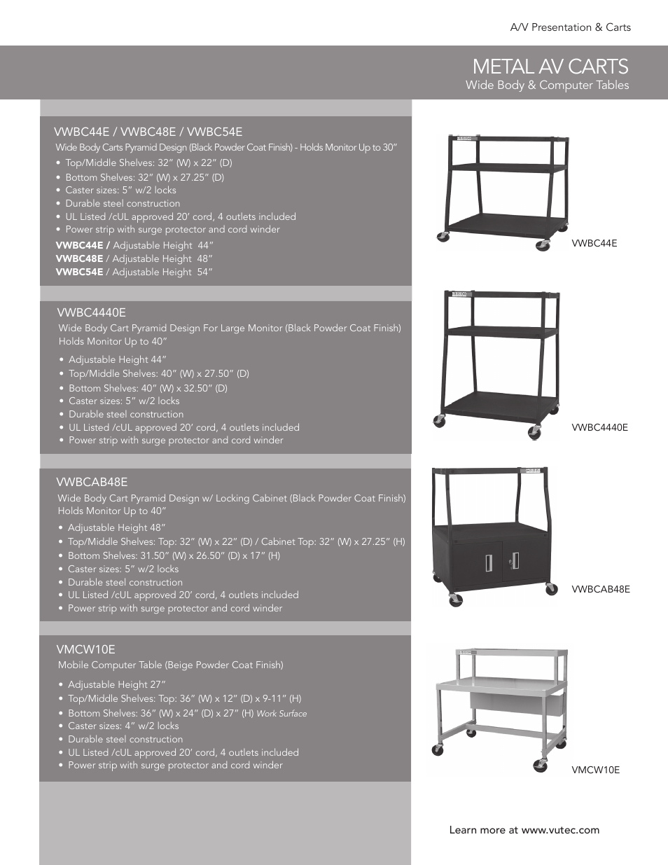 Vutec METAL AV CARTS - Product Sheet User Manual | 2 pages