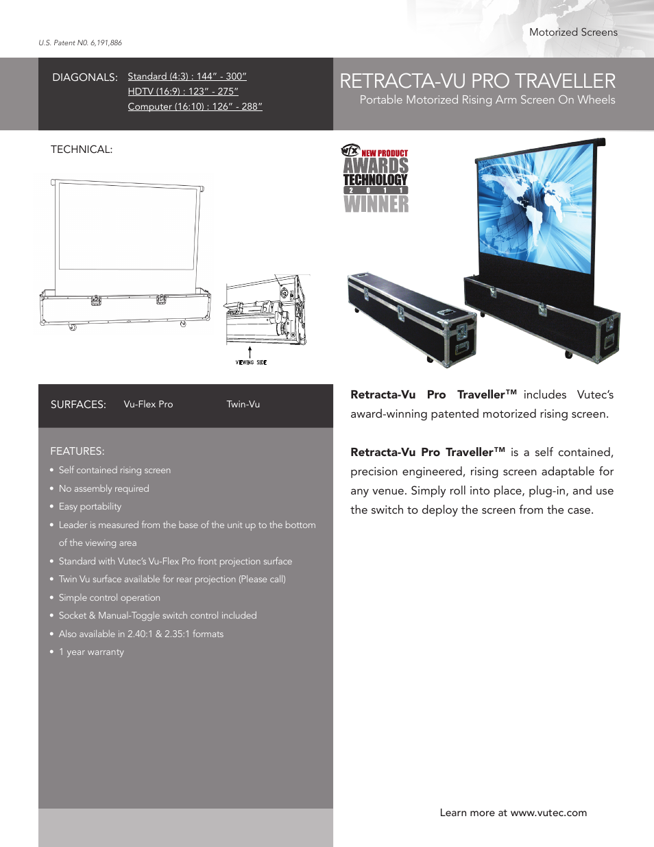 Vutec RETRACTA-VU PRO TRAVELLER - Product Sheet User Manual | 1 page