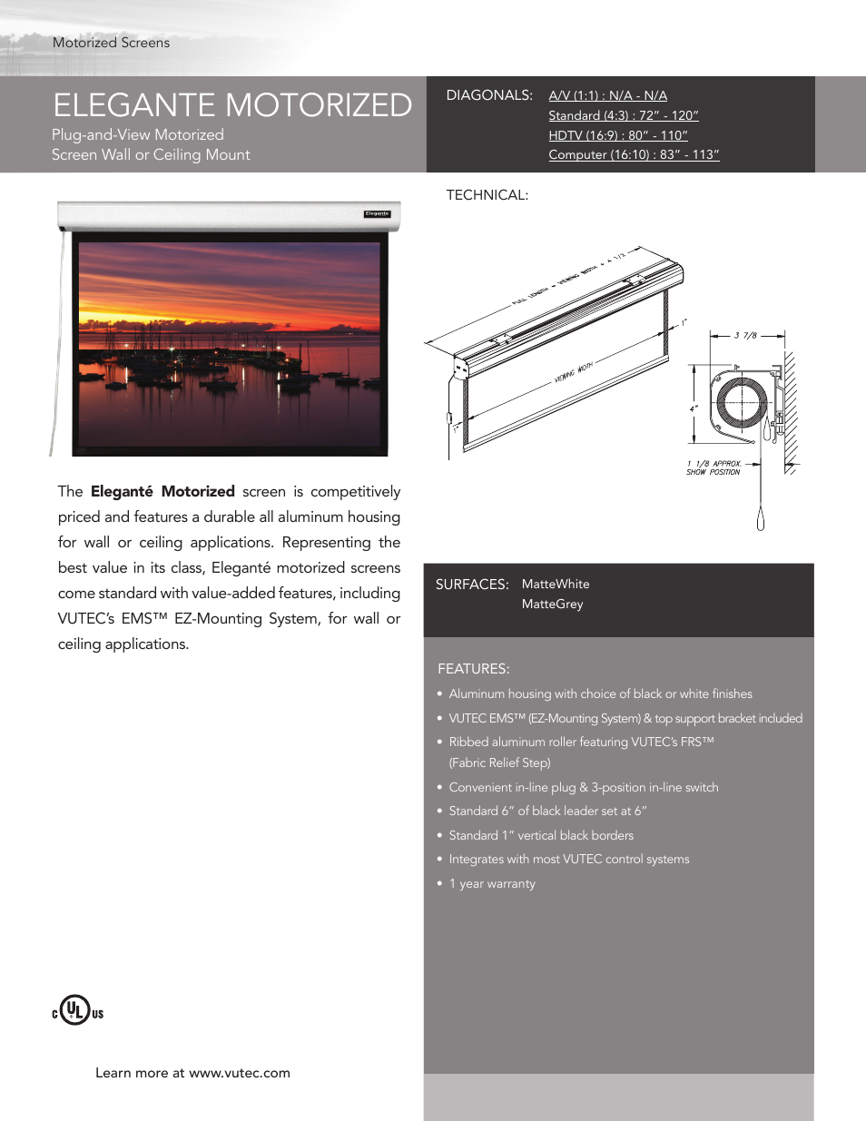 Vutec ELEGANTE MOTORIZED - Product Sheet User Manual | 1 page