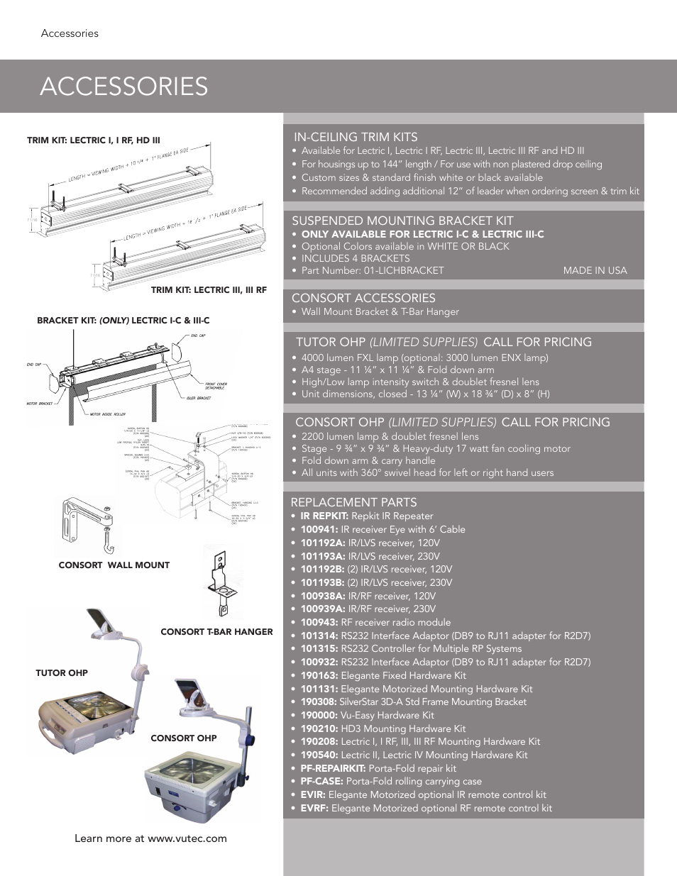 Vutec ACCESSORIES - Product Sheet User Manual | 1 page