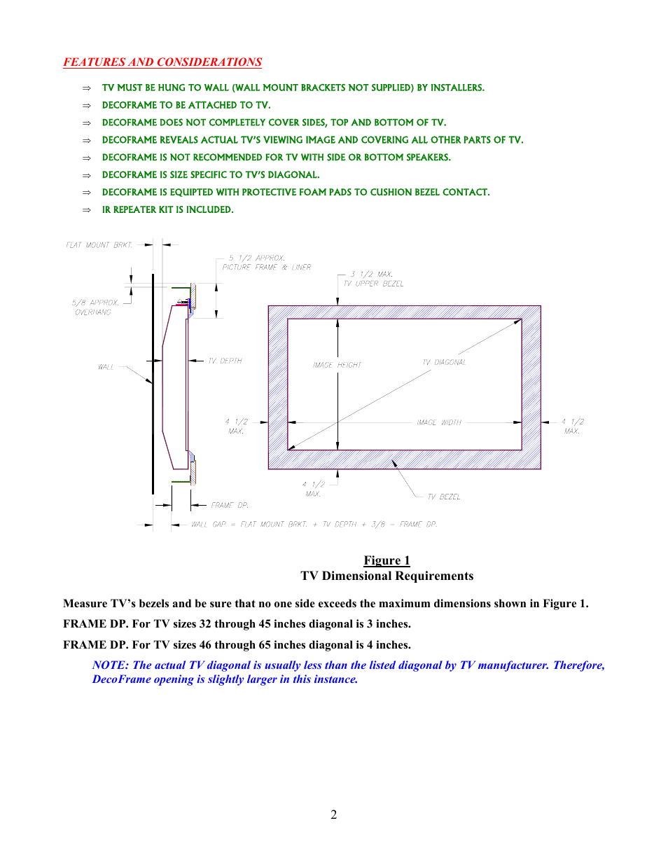 Figure 1 tv dimensional requirements | Vutec DECOFRAME - Installation Instructions User Manual | Page 3 / 6