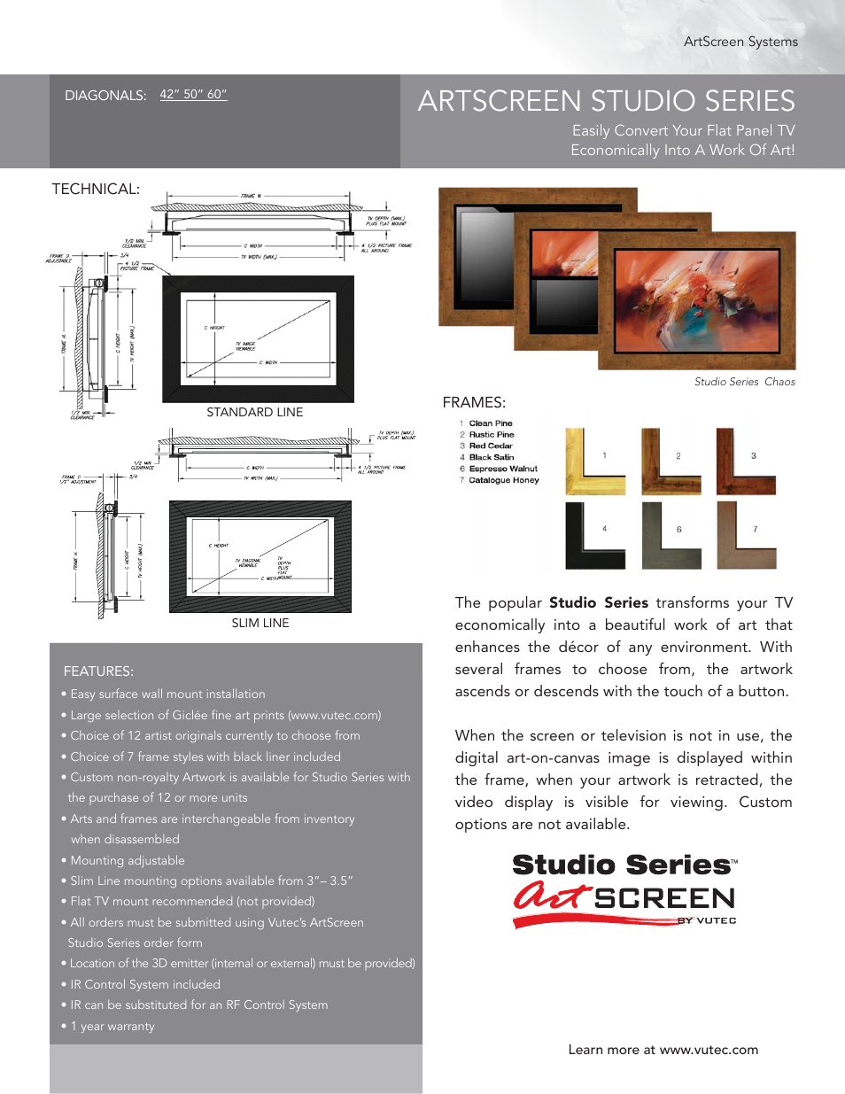 Vutec ARTSCREEN STUDIO SERIES - Product Sheet User Manual | 1 page