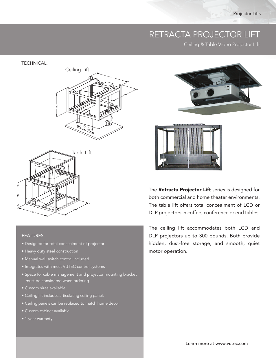Vutec RETRACTA PROJECTOR LIFT - Product Sheet User Manual | 1 page