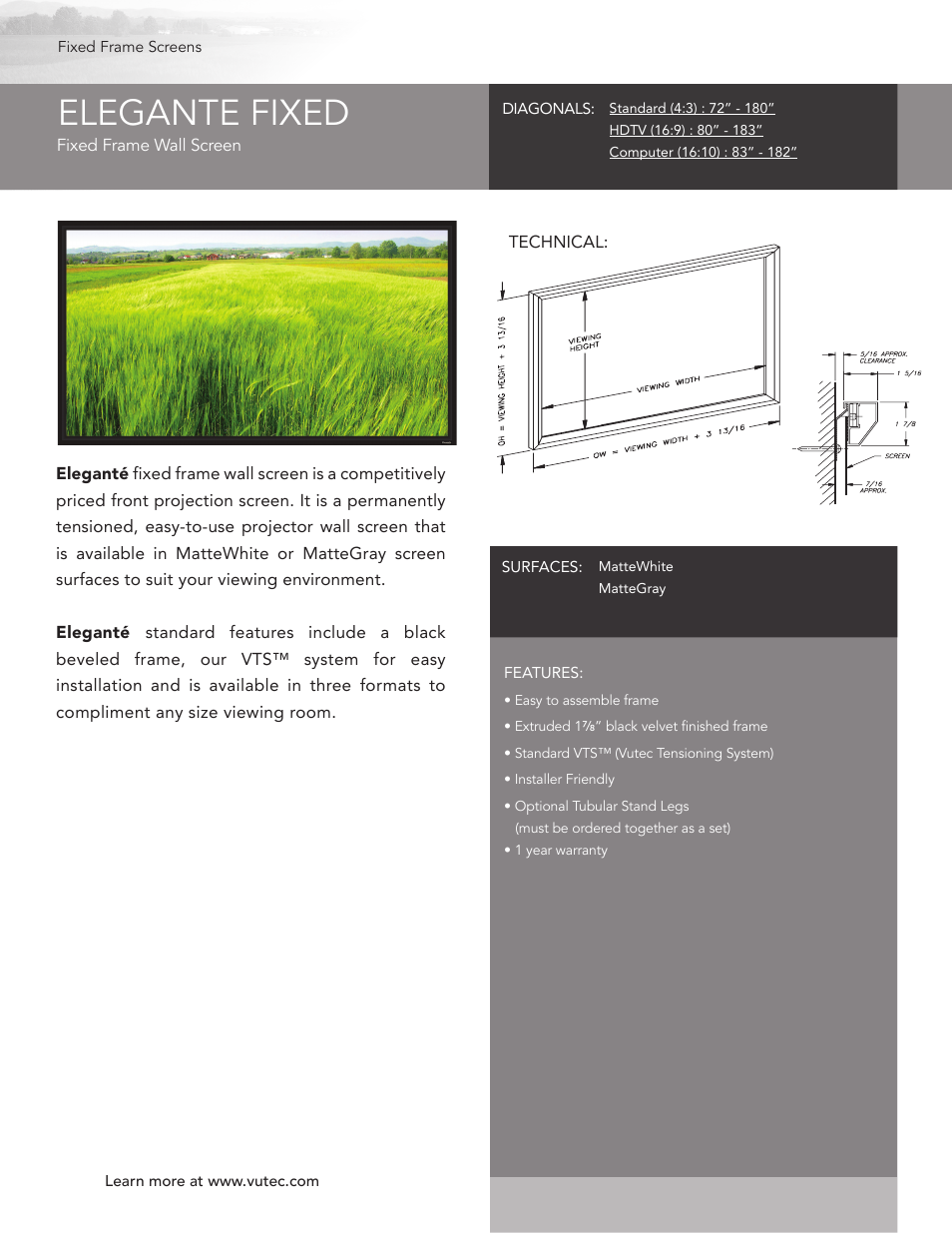 Vutec ELEGANTE FIXED - Product Sheet User Manual | 1 page