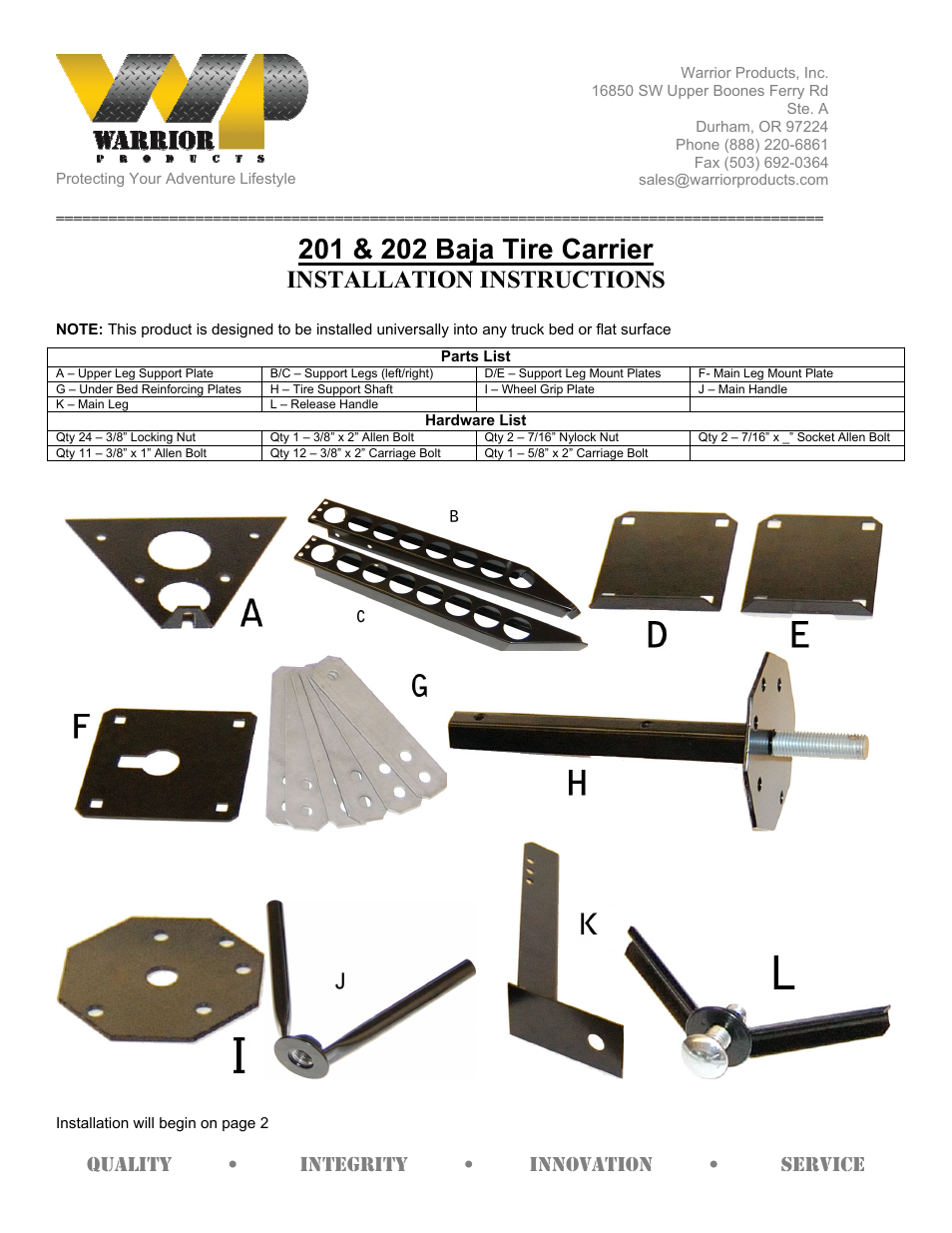 Warrior 201 - Baja Tire Carrier (Universal) User Manual | 4 pages