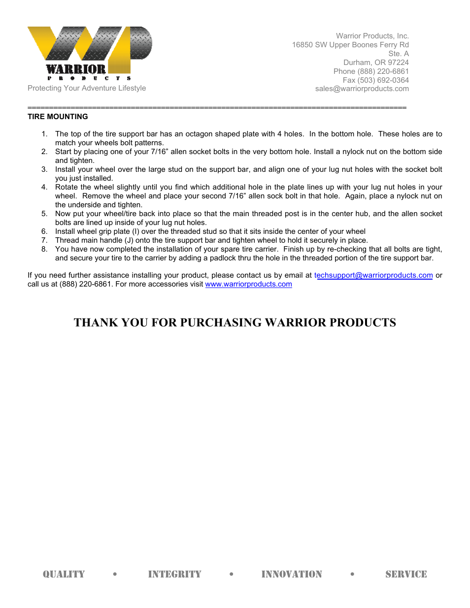 Warrior 201 - Baja Tire Carrier (Universal) User Manual | Page 4 / 4