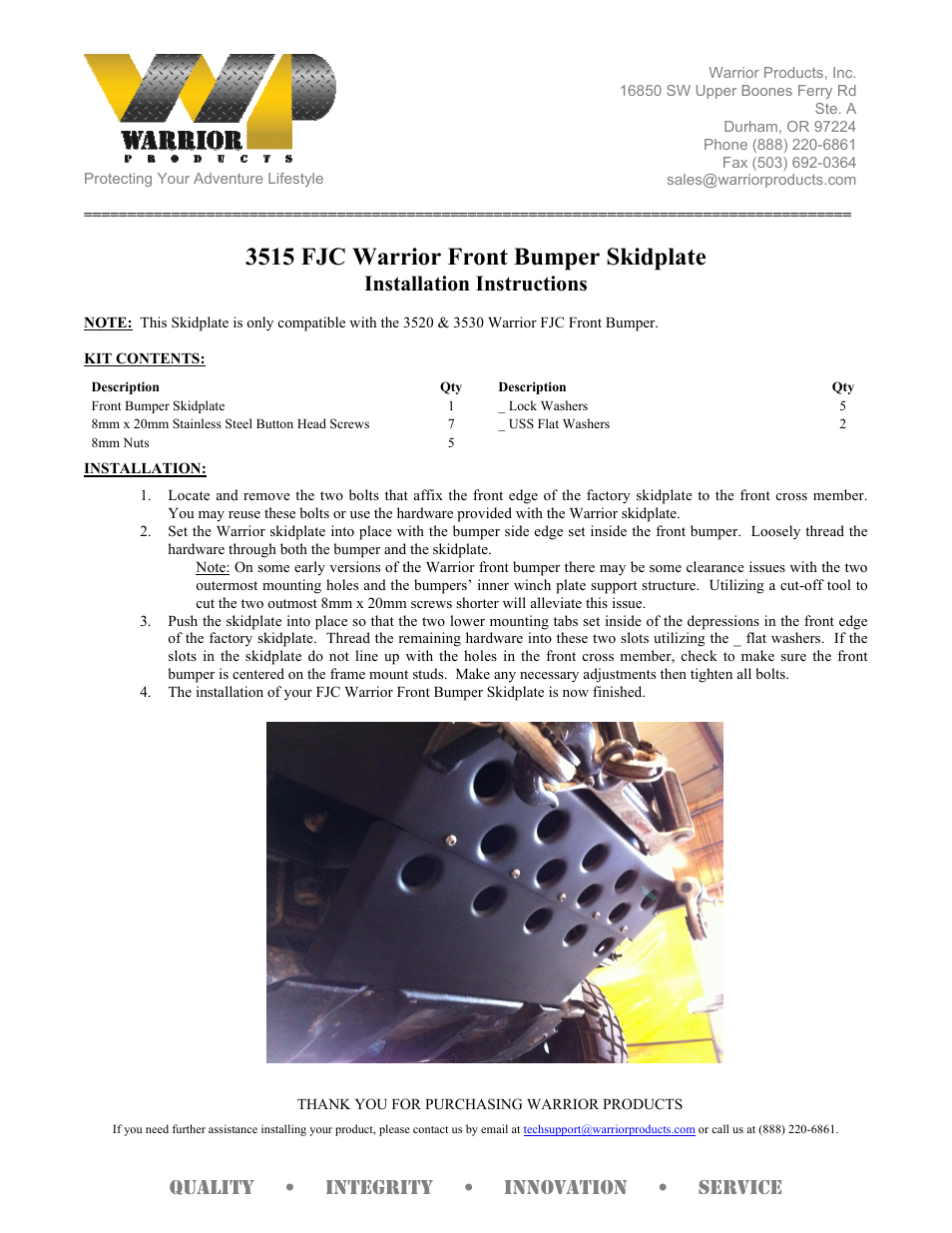 Warrior 3515 FJC Warrior Front Bumper Skidplate (2007-2013 FJ Cruiser) User Manual | 1 page