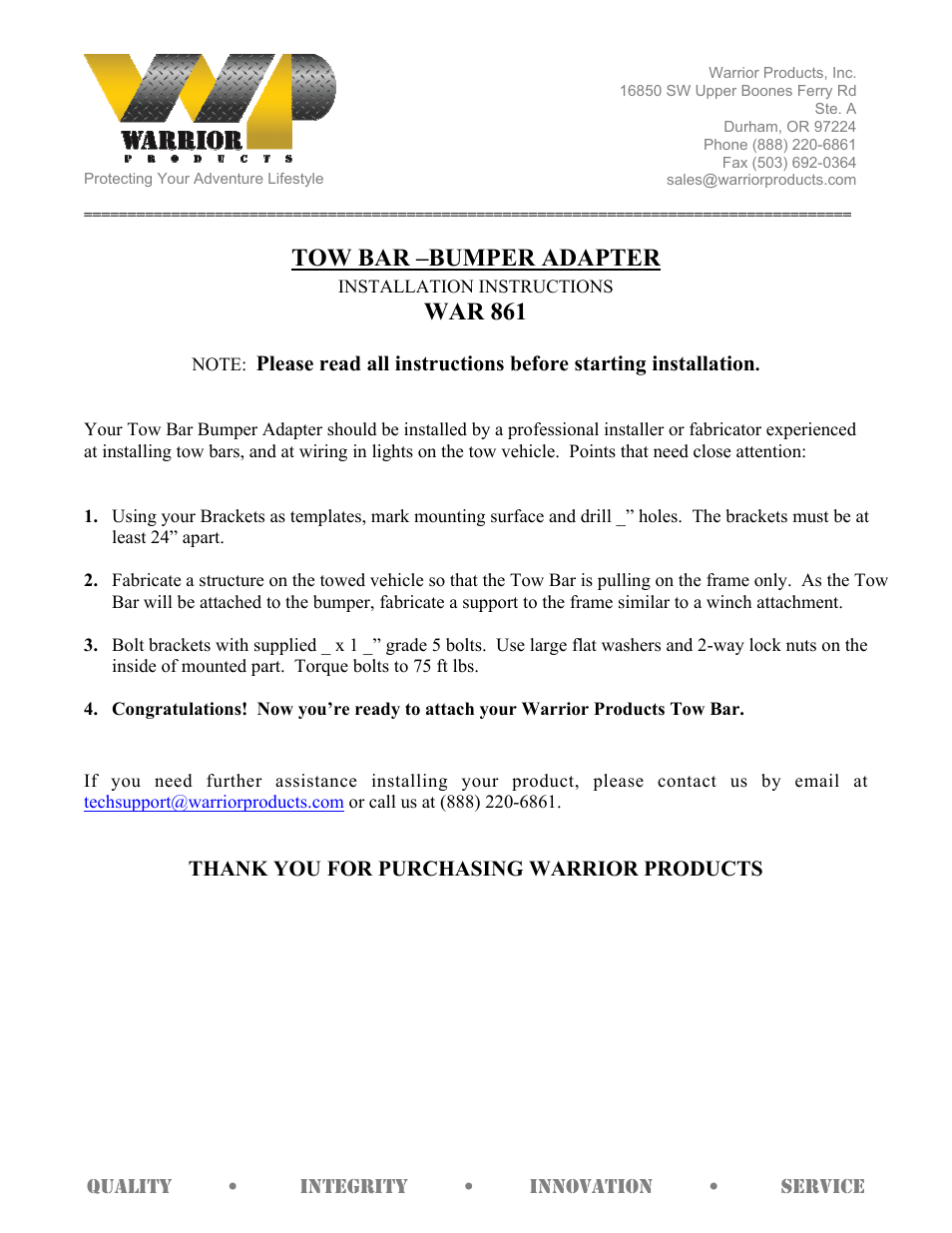 Warrior 861 TOW BAR –BUMPER ADAPTER (Universal) User Manual | 1 page