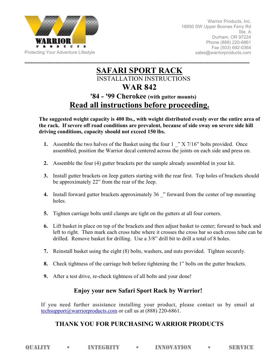 Warrior 842 SAFARI SPORT RACK (1984 – 2001 Jeep Cherokee XJ) User Manual | 1 page