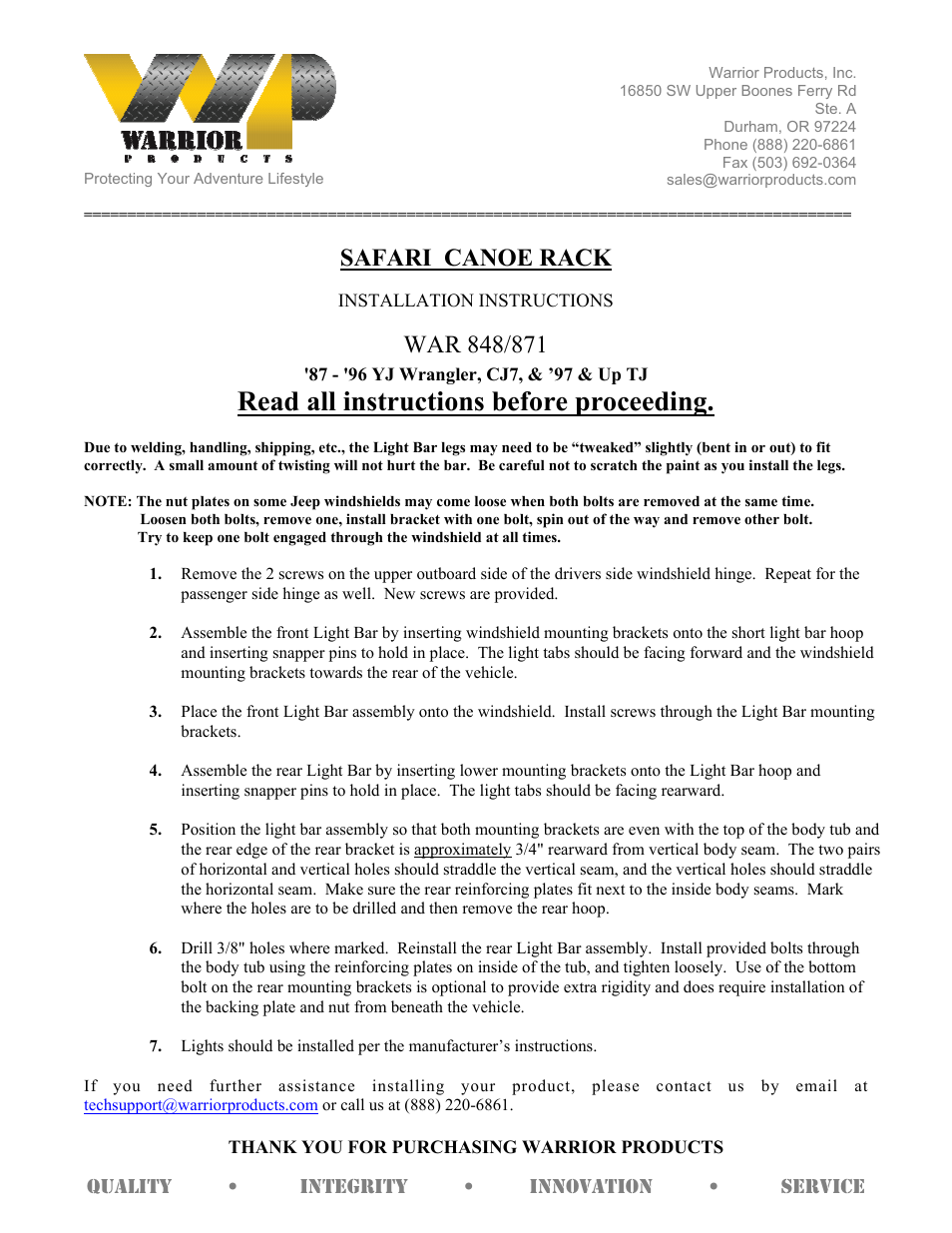 Warrior 871 SAFARI CANOE RACK (1987 – 1996 Jeep YJ Wrangler) User Manual | 2 pages