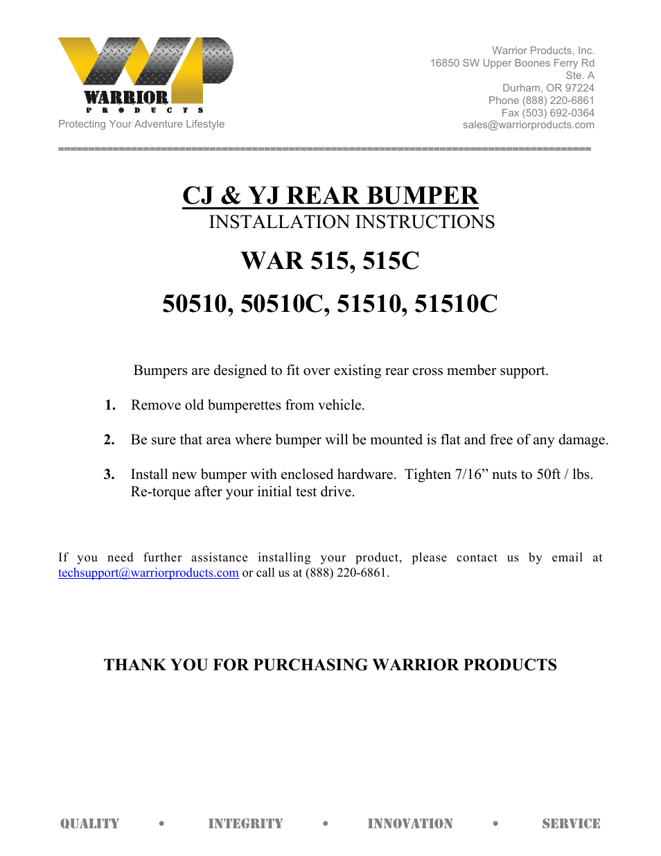 Warrior 51510-51510C CJ & YJ REAR BUMPER (1976 – 1986 Jeep CJ5, CJ7, & CJ8) User Manual | 1 page