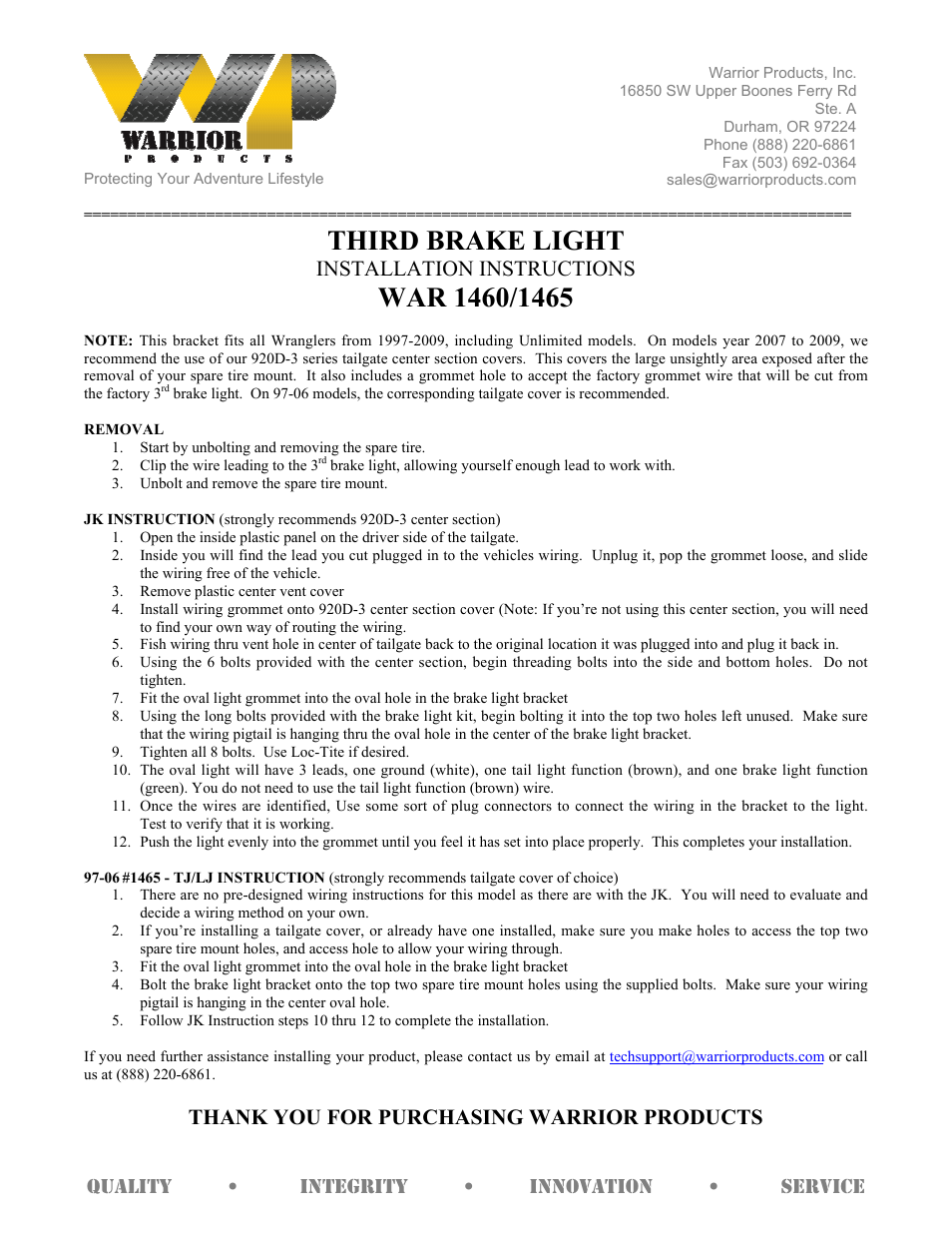 Warrior 1465 THIRD BRAKE LIGHT (2007 – 2013 Jeep JK Wrangler) User Manual | 1 page