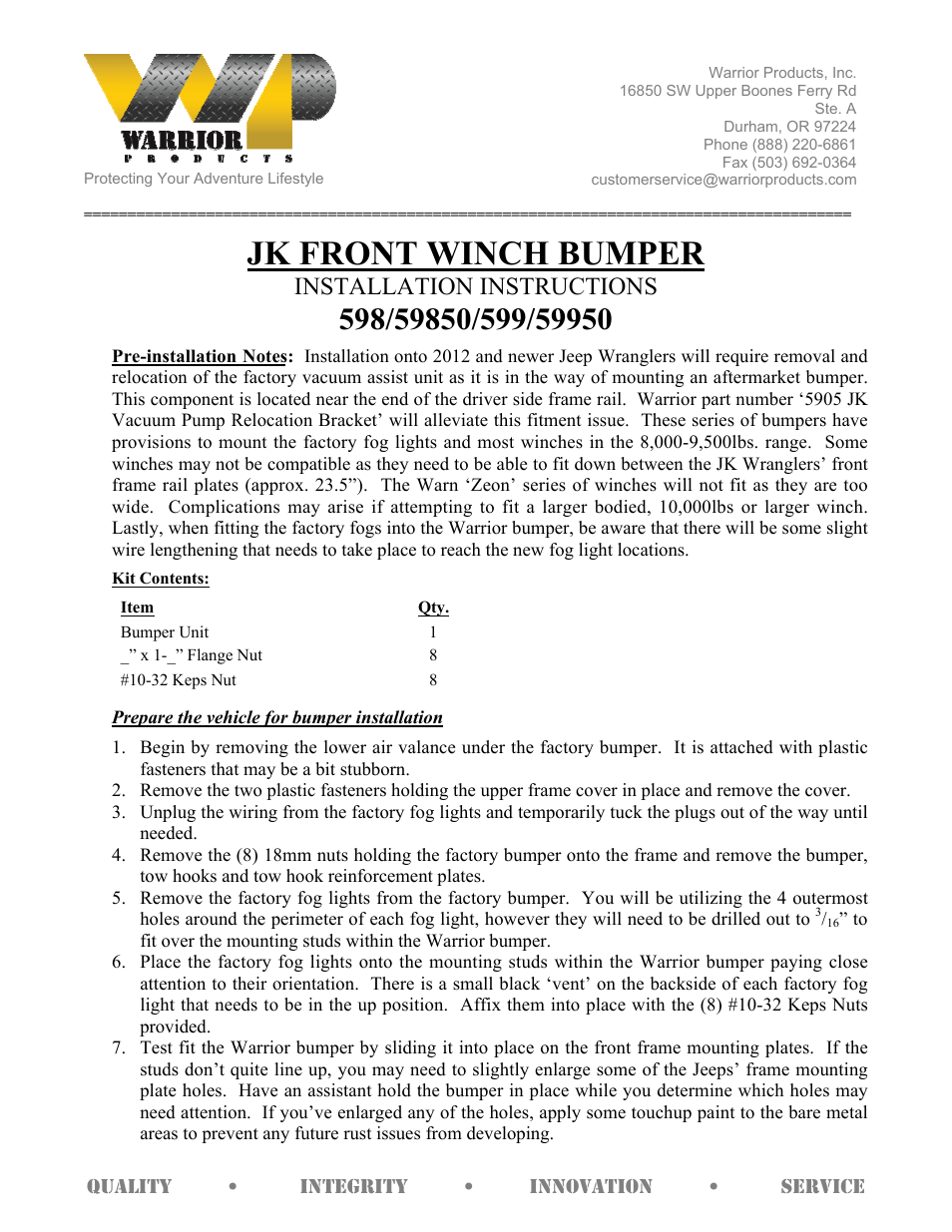 Warrior 59950 FRONT WINCH BUMPER (2007 – 2013 Jeep JK Wrangler) User Manual | 2 pages