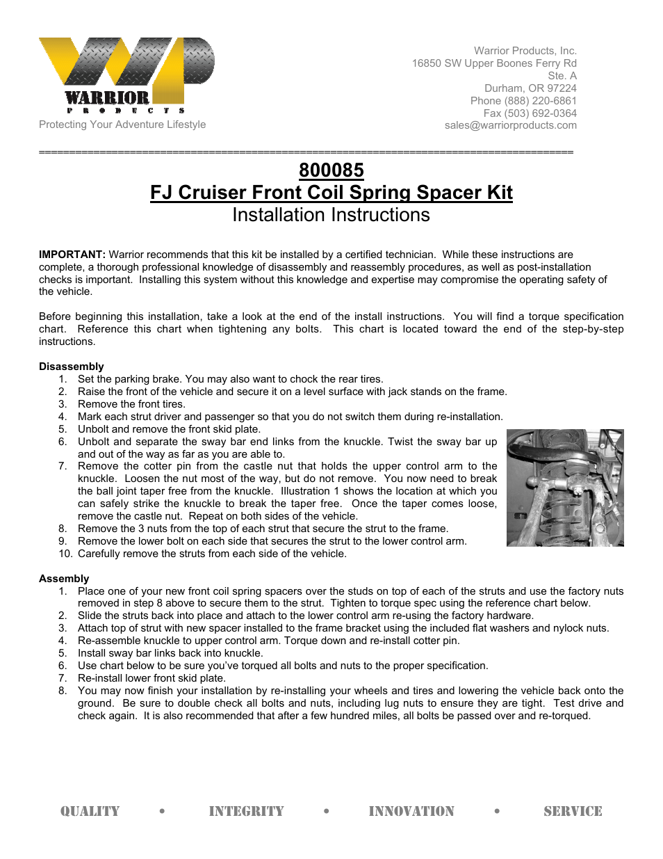 Warrior 800085 Front Coil Spring Spacer Kit (2007-2013 FJ Cruiser) User Manual | 2 pages