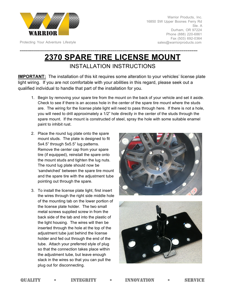 Warrior 2370 SPARE TIRE LICENSE PLATE MOUNT (Universal) User Manual | 2 pages