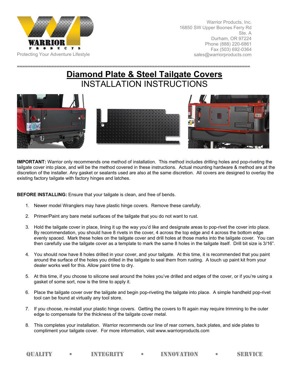 Warrior Diamond Plate & Steel Tailgate Covers (1986 – 1992 Suzuki Samurai) User Manual | 1 page