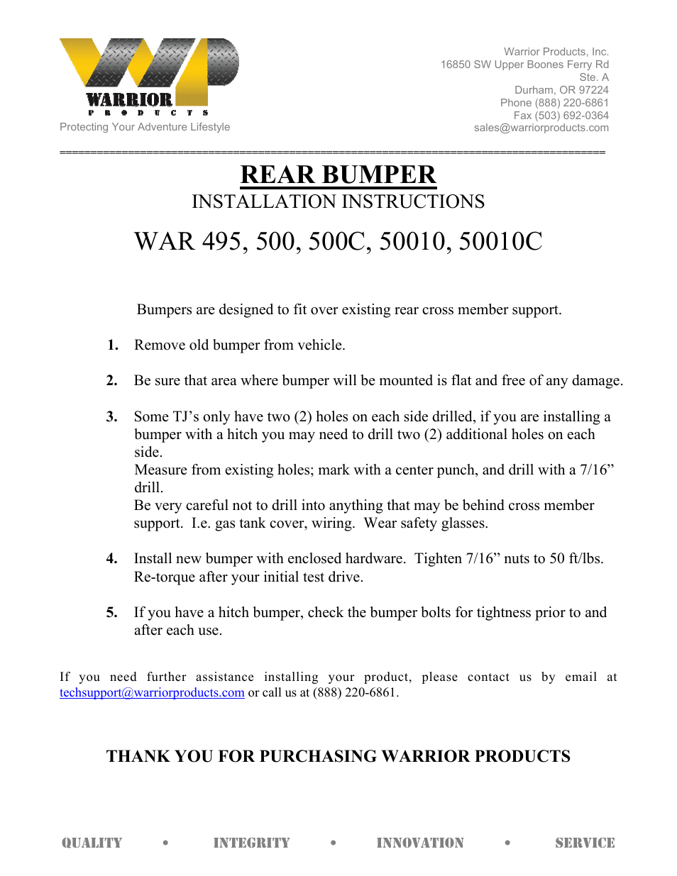 Warrior 50010C REAR BUMPER (1997 – 2006 Jeep TJ Wrangler) User Manual | 1 page