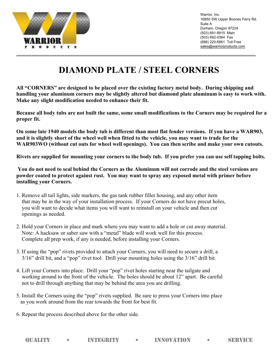 Warrior DIAMOND PLATE _ STEEL CORNERS (1986 – 1992 Suzuki Samurai) User Manual | 1 page