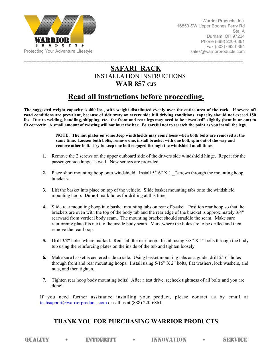 Warrior 857 SAFARI RACK (1955–1975 Jeep CJ5) User Manual | 1 page