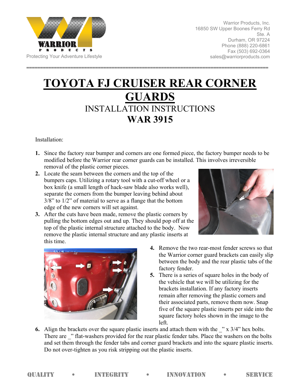 Warrior 3915 TOYOTA FJ CRUISER REAR CORNER GUARDS (2007-2013 FJ Cruiser) User Manual | 2 pages