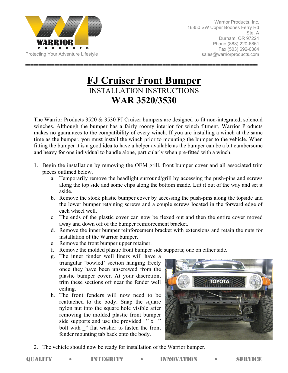 Warrior 3530 Front Bumper (2007-2013 FJ Cruiser) User Manual | 3 pages