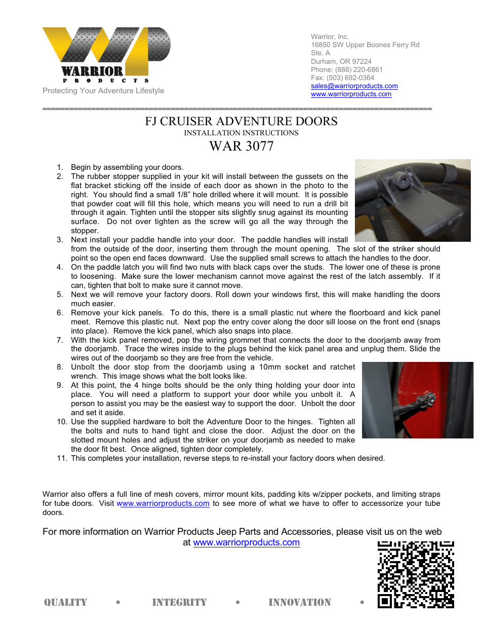 Warrior 3077 ADVENTURE DOORS (2007-2013 FJ Cruiser) User Manual | 1 page