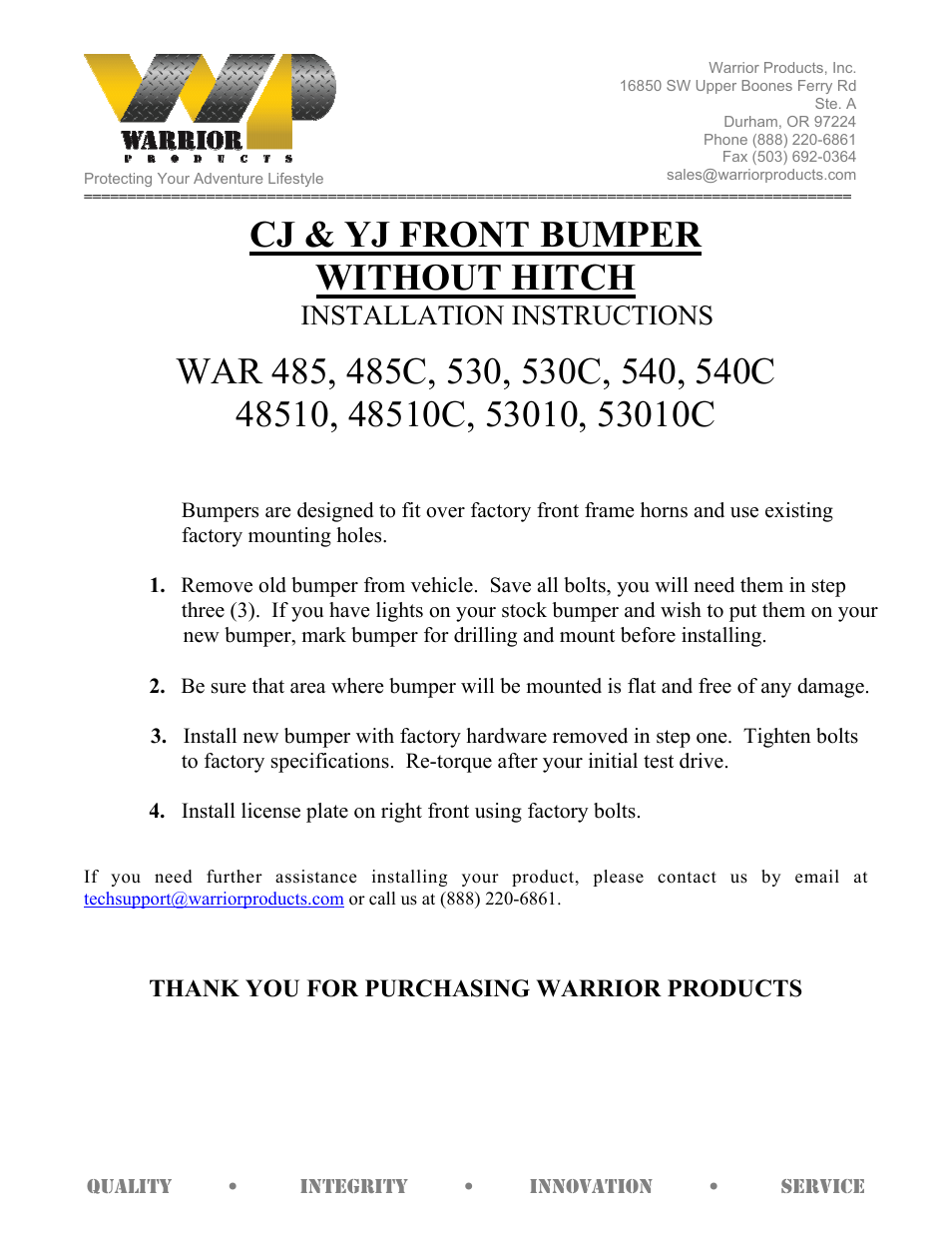 Warrior 53010-53010C CJ & YJ FRONT BUMPER WITHOUT HITCH (1976 – 1986 Jeep CJ5, CJ7, & CJ8) User Manual | 1 page