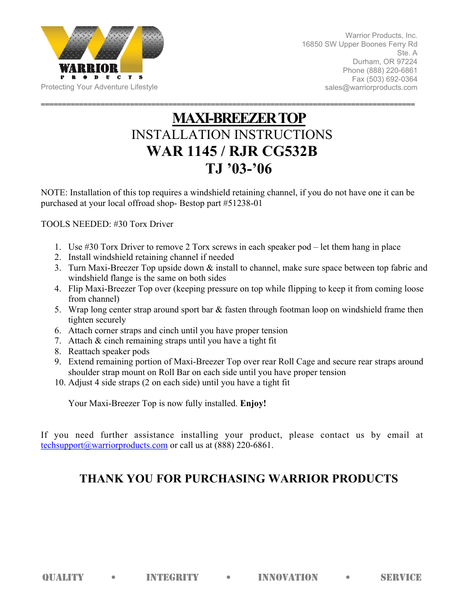 Warrior 1145_RJR CG532B MAXI-BREEZER TOP (1997 – 2006 Jeep TJ Wrangler) User Manual | 1 page