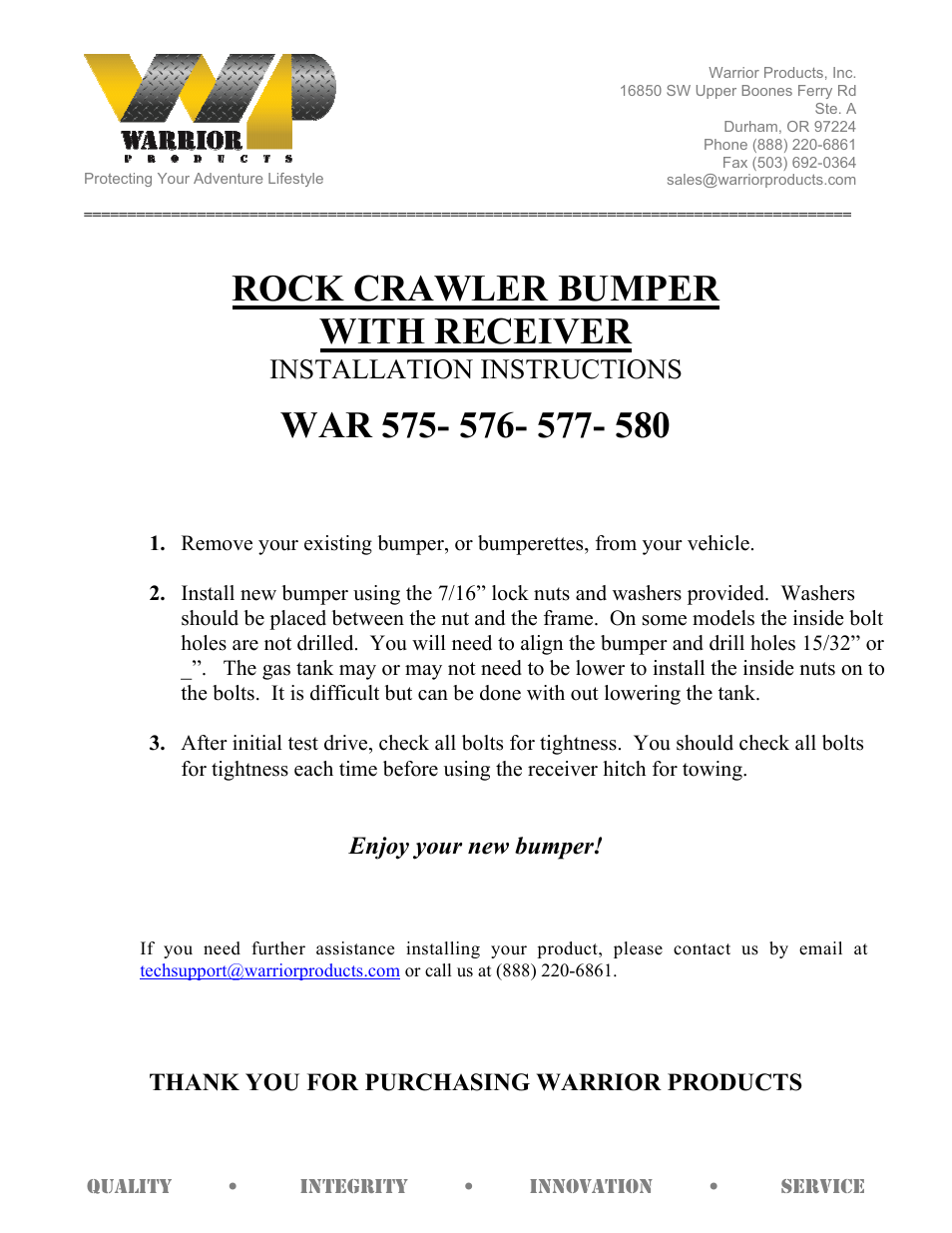 Warrior 580 ROCK CRAWLER BUMPER WITH RECEIVER (1976 – 1986 Jeep CJ5, CJ7, CJ8) User Manual | 1 page