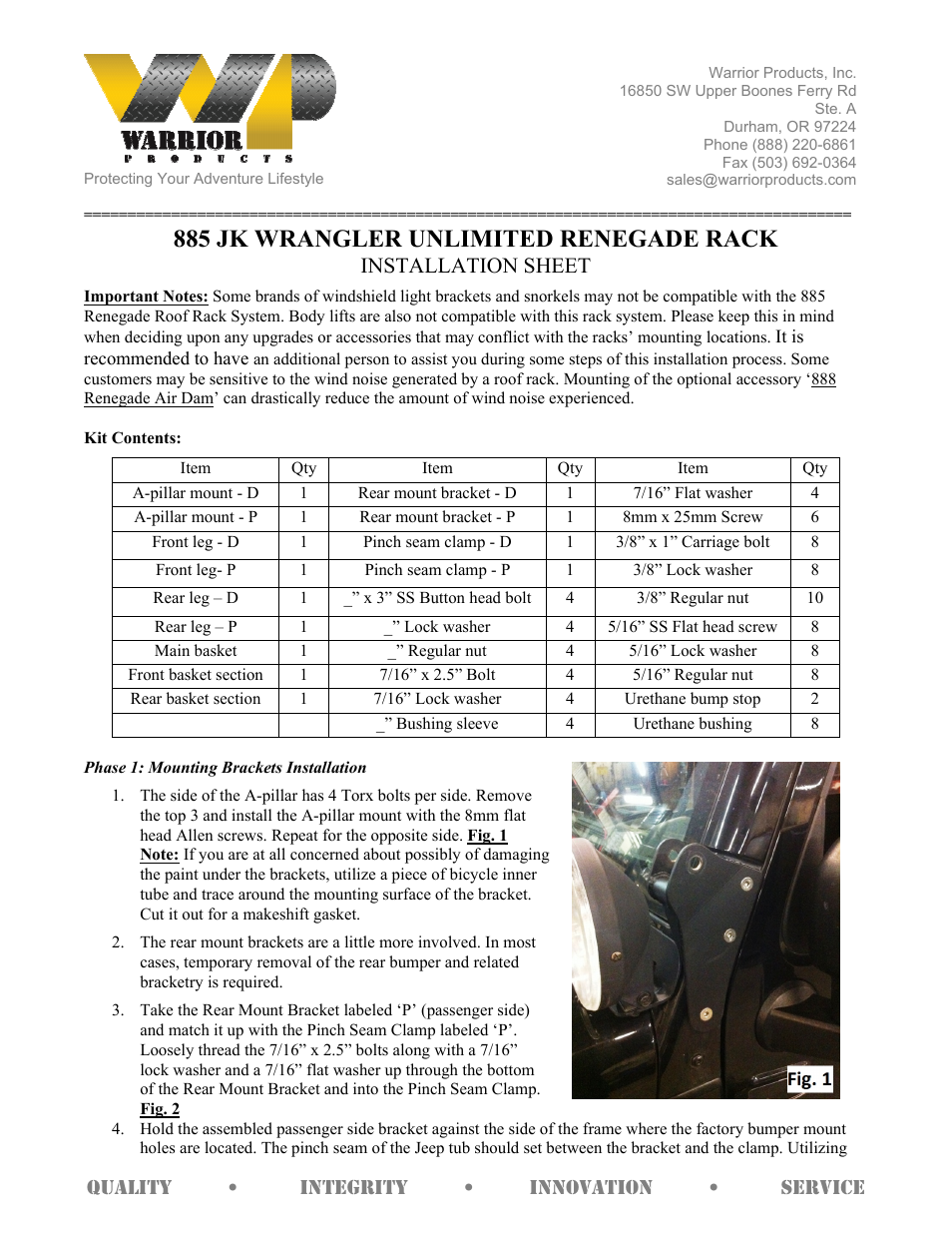 Warrior 885 WRANGLER UNLIMITED RENEGADE RACK (2007 – 2013 Jeep JK Wrangler) User Manual | 4 pages