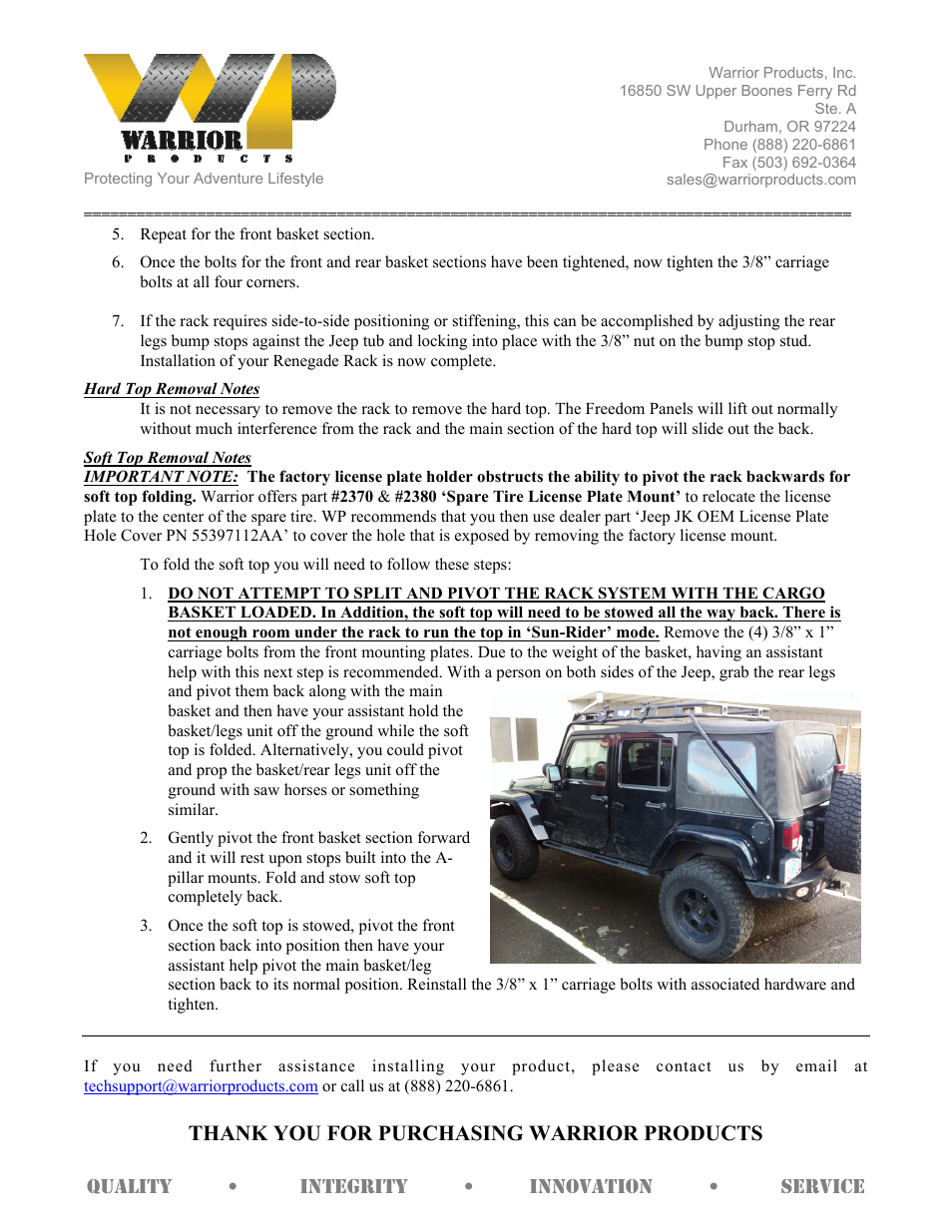 Warrior 885 WRANGLER UNLIMITED RENEGADE RACK (2007 – 2013 Jeep JK Wrangler) User Manual | Page 4 / 4