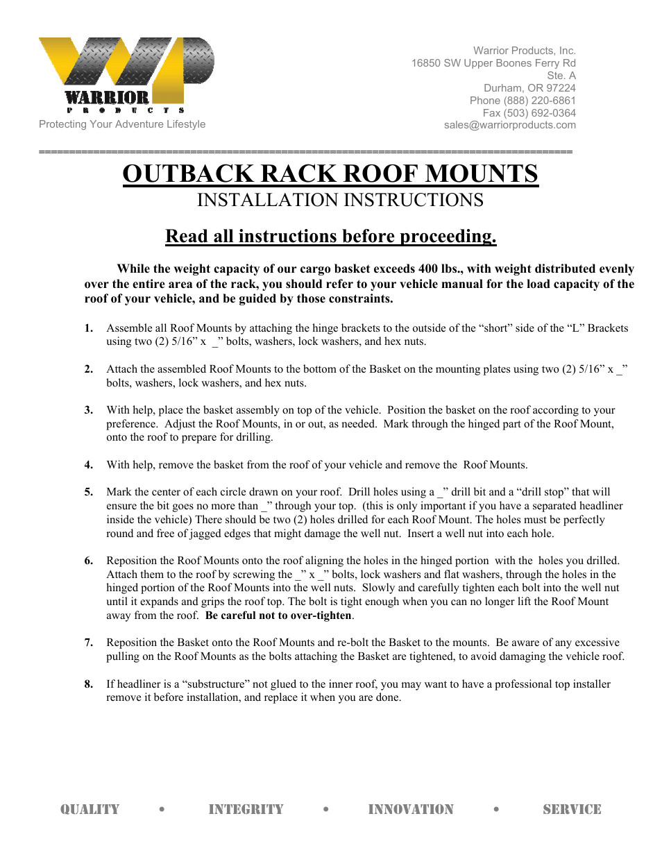 Warrior OUTBACK RACK ROOF MOUNTS (Universal) User Manual | 1 page