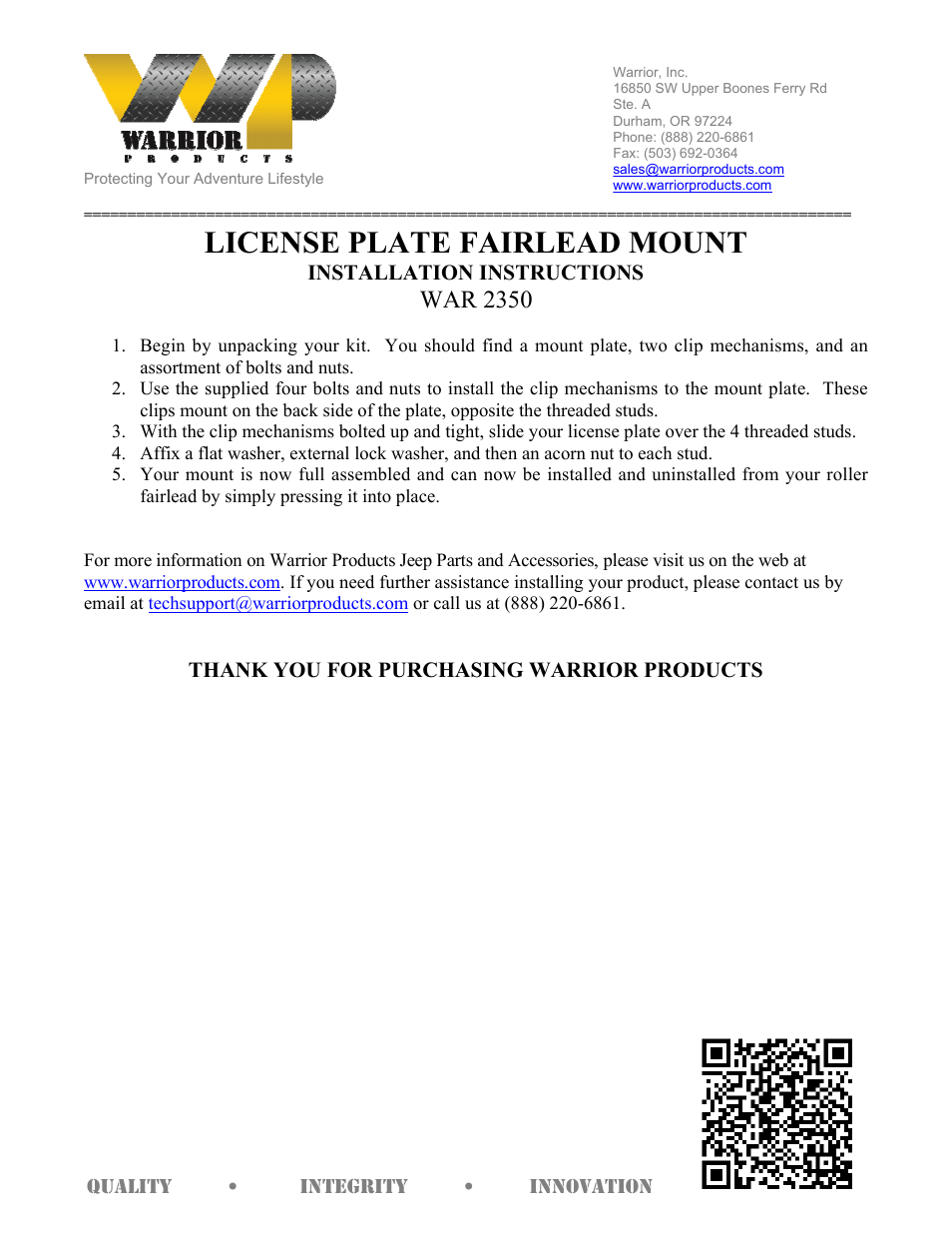 Warrior 2350 LICENSE PLATE FAIRLEAD MOUNTS (Universal) User Manual | 1 page