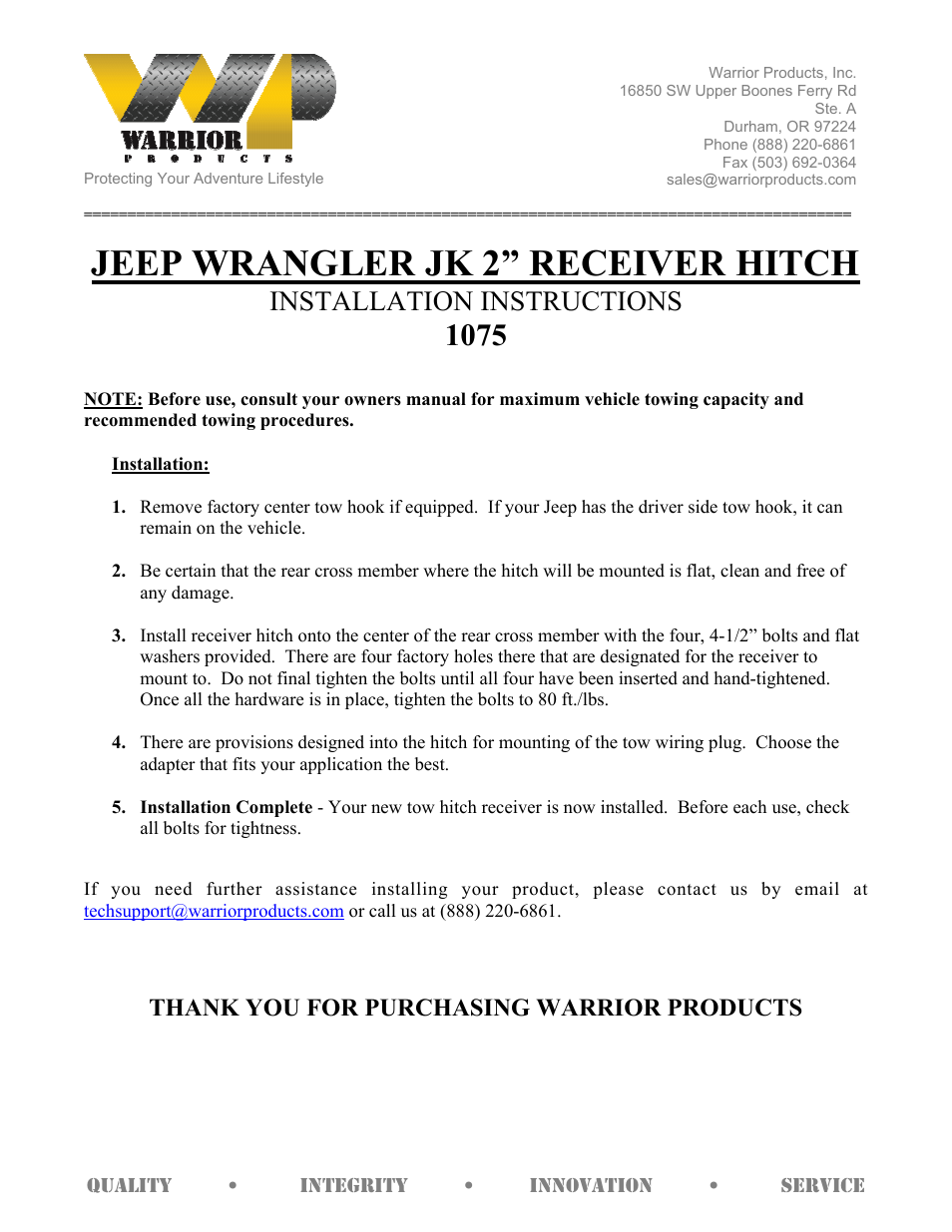 Warrior 1075 RECEIVER HITCH (2007 – 2013 Jeep JK Wrangler) User Manual | 1 page