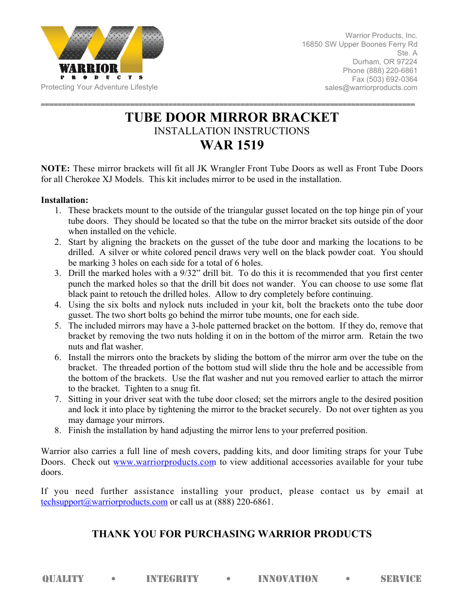 Warrior 1519 TUBE DOOR MIRROR BRACKET (Universal) User Manual | 1 page
