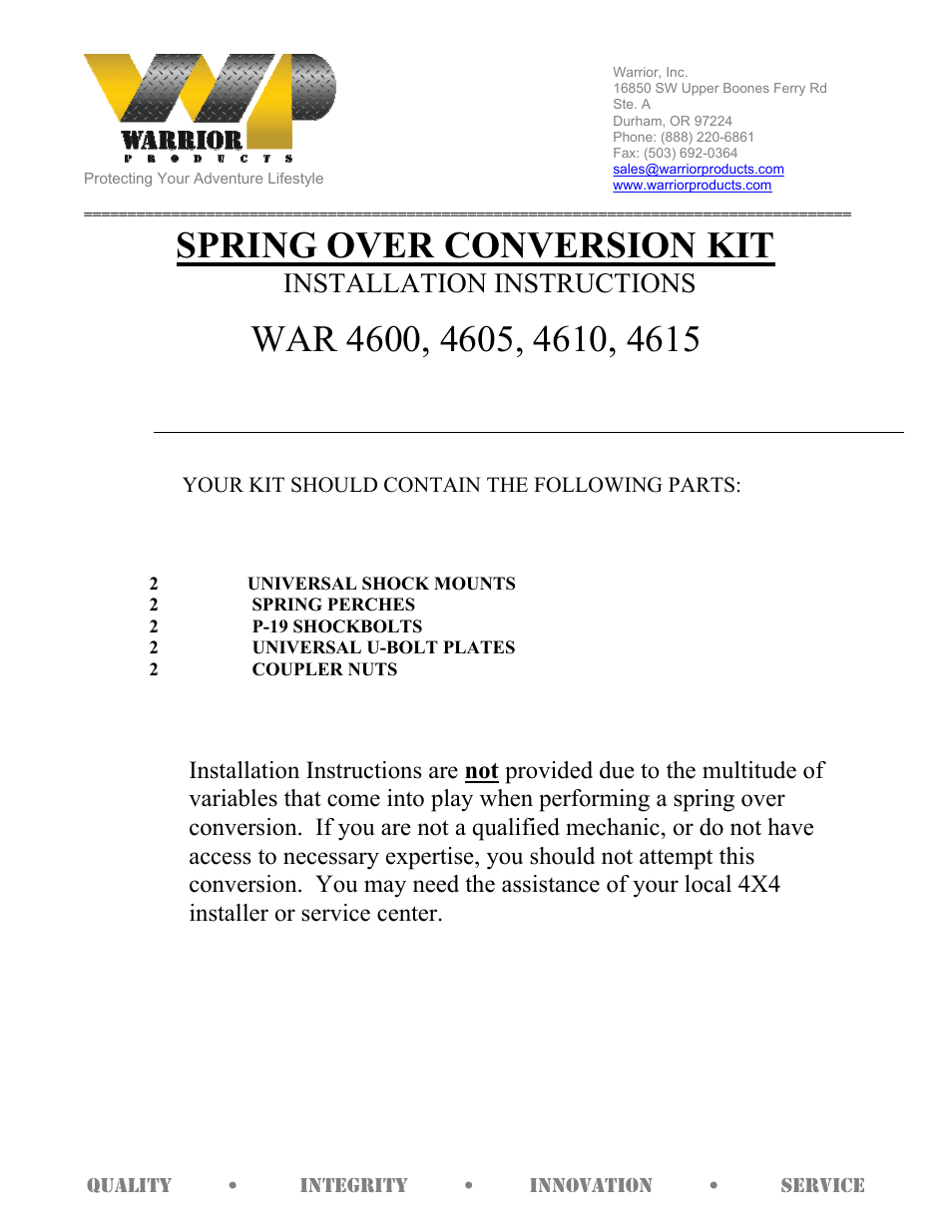 Warrior 4615 SPRING OVER CONVERSION KIT (Universal) User Manual | 1 page