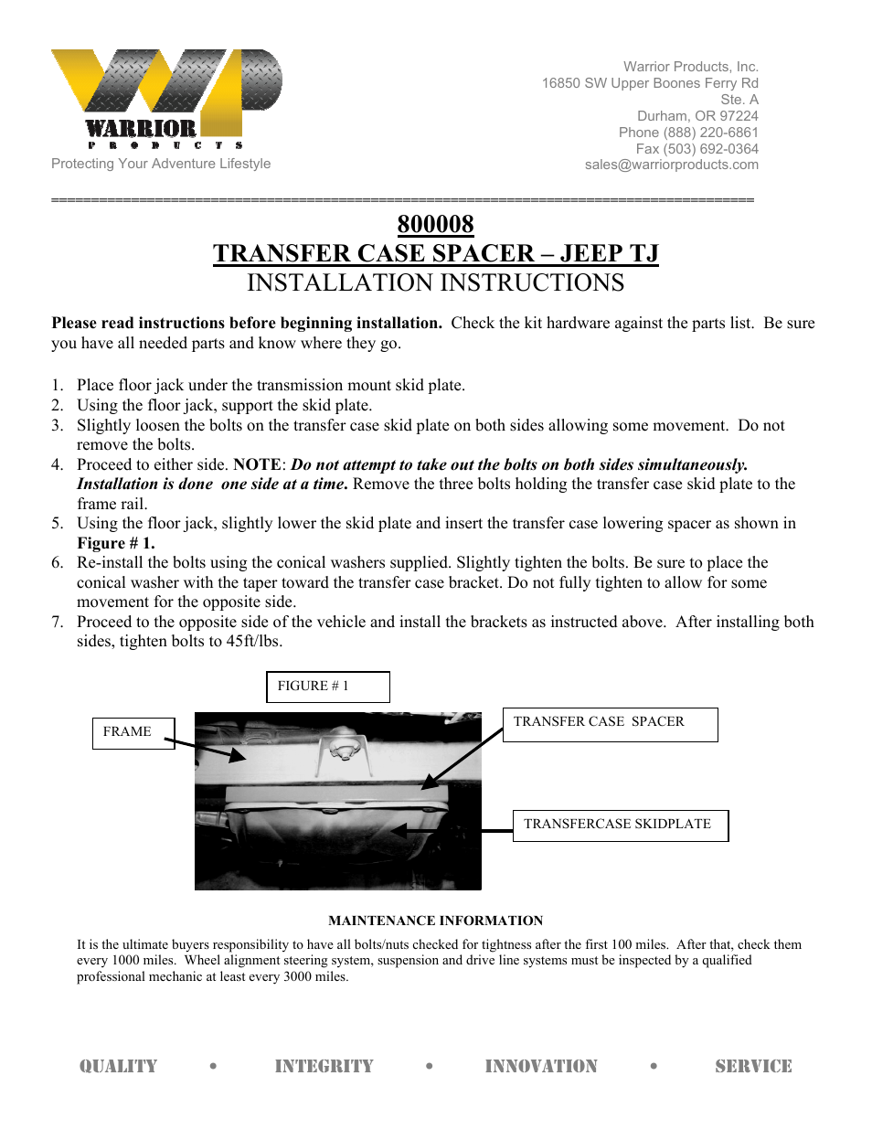 Warrior 800008 TRANSFER CASE SPACER (1997 – 2006 Jeep TJ Wrangler) User Manual | 1 page